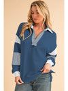 Dark Blue Striped Patchwork Collar Sweatshirt