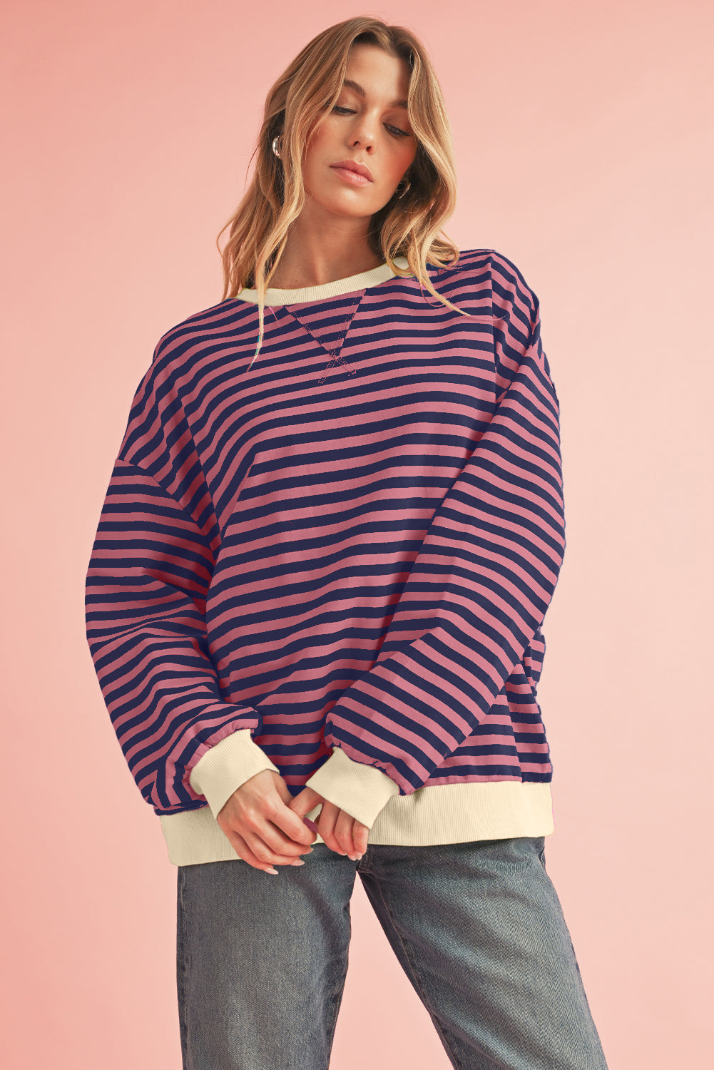 Blue Stripe Contrast Edge Cross Seam Oversized Pullover