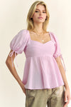Davi & Dani Solid Elastic Peplum Puffed Sleeves Blouse