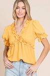 Lime 'N' Chili Solid Ruffled Deep V-Neck Puff Sleeve Babydoll Top
