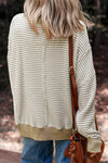 Brown Plus Size Stripe Ribbed Trim Drop Shoulder Long Sleeve Oversized Top