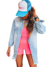 Sky Blue Light Wash Distressed Frayed Long Denim Jacket