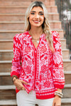 Strawberry Pink Floral Print Tie V Neck Blouse