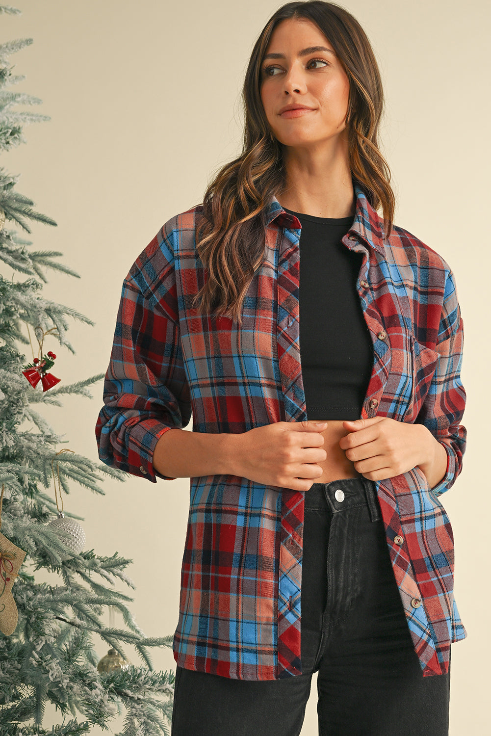 Red Plaid Print Drop Sleeve Loose Shirt