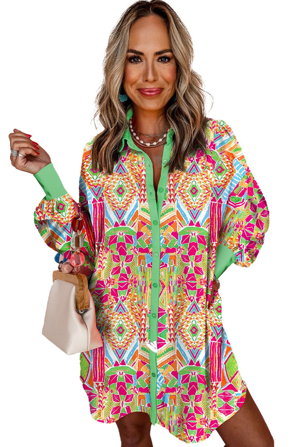 Orange Geometric Print Cuffed Shift Shirt Dress