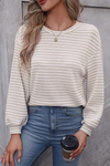 Rose Stripe Round Neck Drop Shoulder Long Sleeve Top