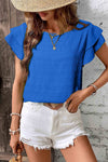 Dark Blue Ruffle Sleeve Textured Smocked Blouse