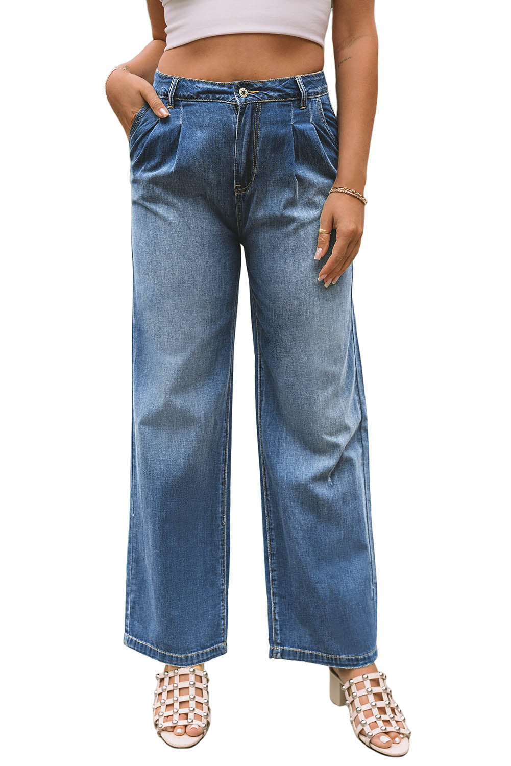 Dark Blue Slouchy Pocket Casual Wide Leg Jeans