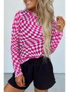 Khaki Checkered Pattern Mesh Long Sleeve Top