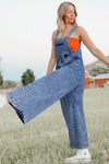 Light Blue Mineral Wash Button Straps Wide Leg Denim Overalls