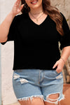 Black Twist Corded V-Neck Plain Plus T-Shirt