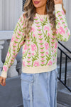 Beige Boho Floral Print Round Neck Sweater
