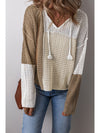 Brown Colorblock Hollow-out Tie V Neck Lightweight Sweater