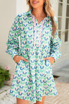 Green Floral Print Scallop Trim Pocket Mini Dress