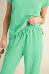 Blue Solid Corded Short Sleeve T Shirt and Wide Leg Pants Set