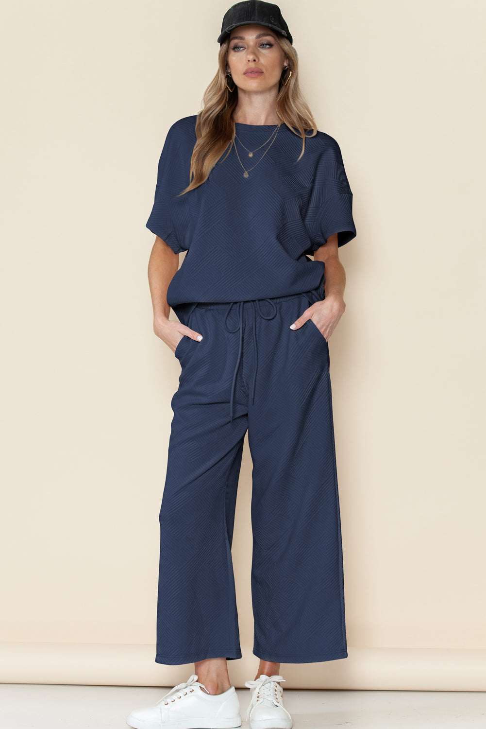 Navy Blue Textured Loose Fit T Shirt and Drawstring Pants Set