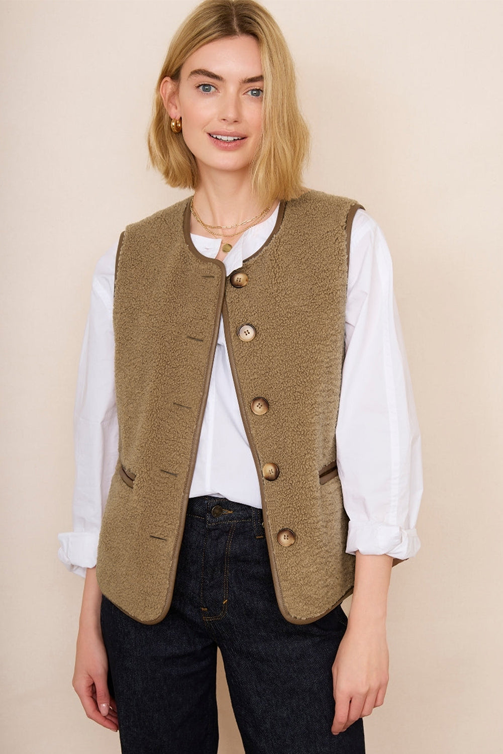 Camel Fleece Leather Side Pockets Button Up Vest