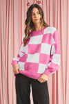 Rose Checkered Bishop Sleeve Pullover Sweater