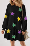 Black Mardi Gras Sequin Star Graphic Lantern Sleeve Ruffled Hem Mini Dress