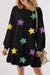 Black Mardi Gras Sequin Star Graphic Lantern Sleeve Ruffled Hem Mini Dress