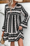 Black Boho Geometric Printed Flared Long Sleeve Mini Dress - Cocoa Yacht Club