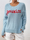 Letter Round Neck Long Sleeve Sweater - Cocoa Yacht Club