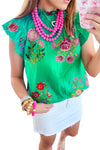 Green Floral Print Flutter Sleeve Frill Neck Blouse