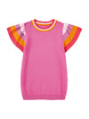 Bright Pink Contrast Sleeve Striped Round Neck Knitted Tee