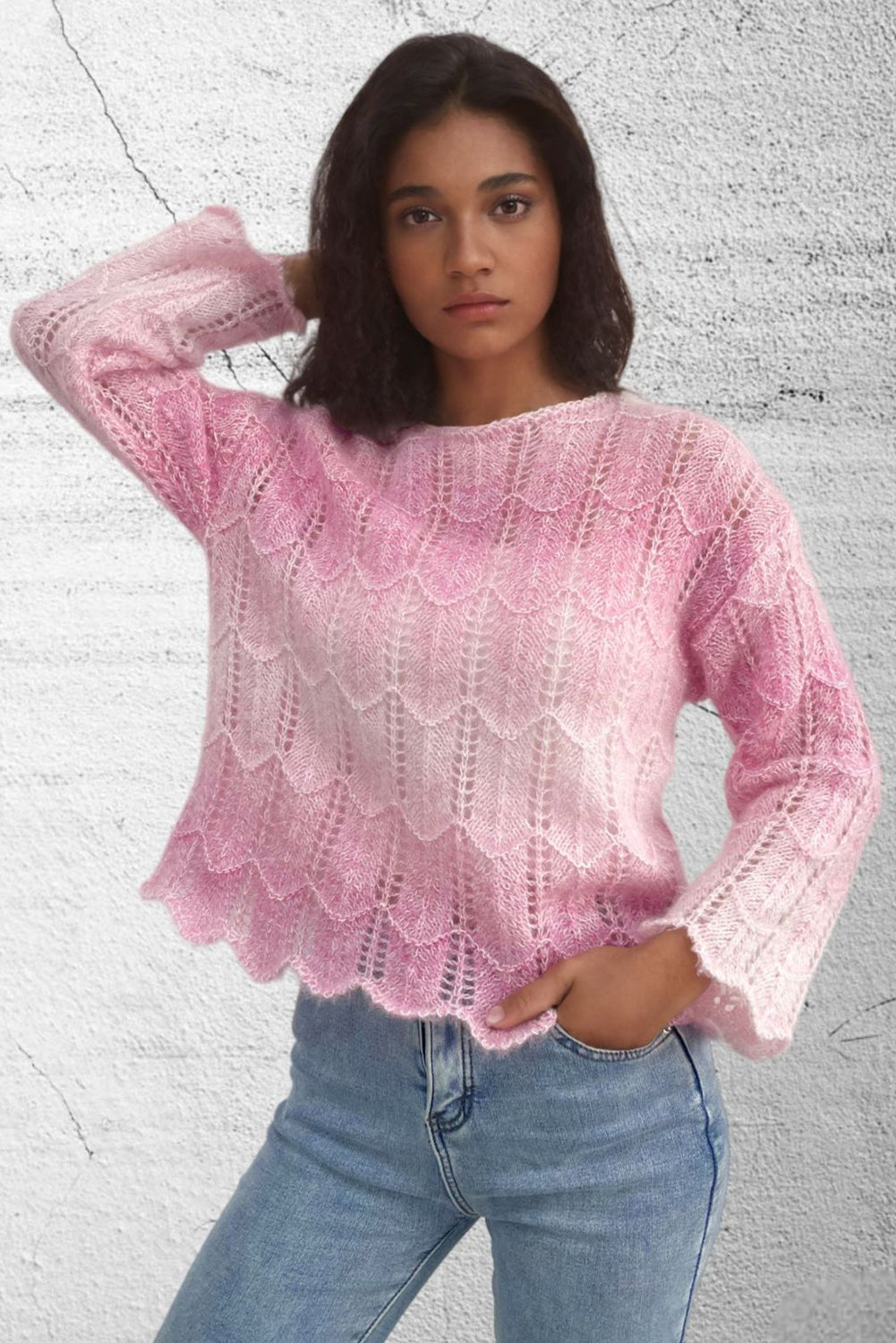 Pink Gradient Scallop Hem Lightweight Sweater