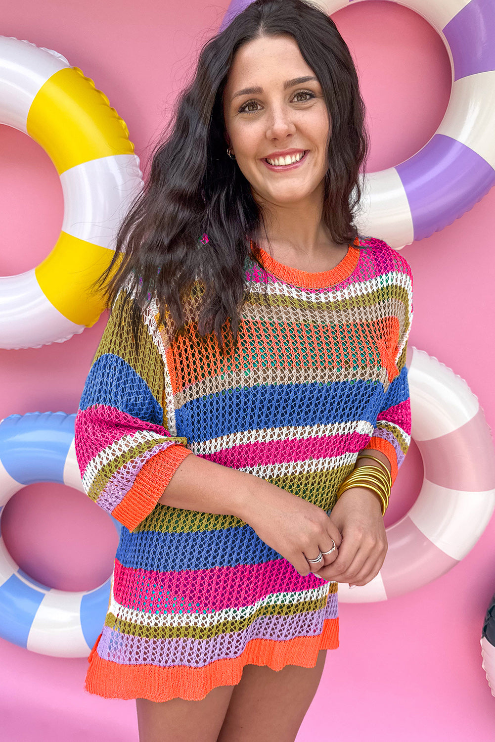 Pink Striped Color Block Hollow Crochet 3/4 Sleeve T Shirt