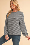 Rose Stripe Round Neck Drop Shoulder Long Sleeve Top