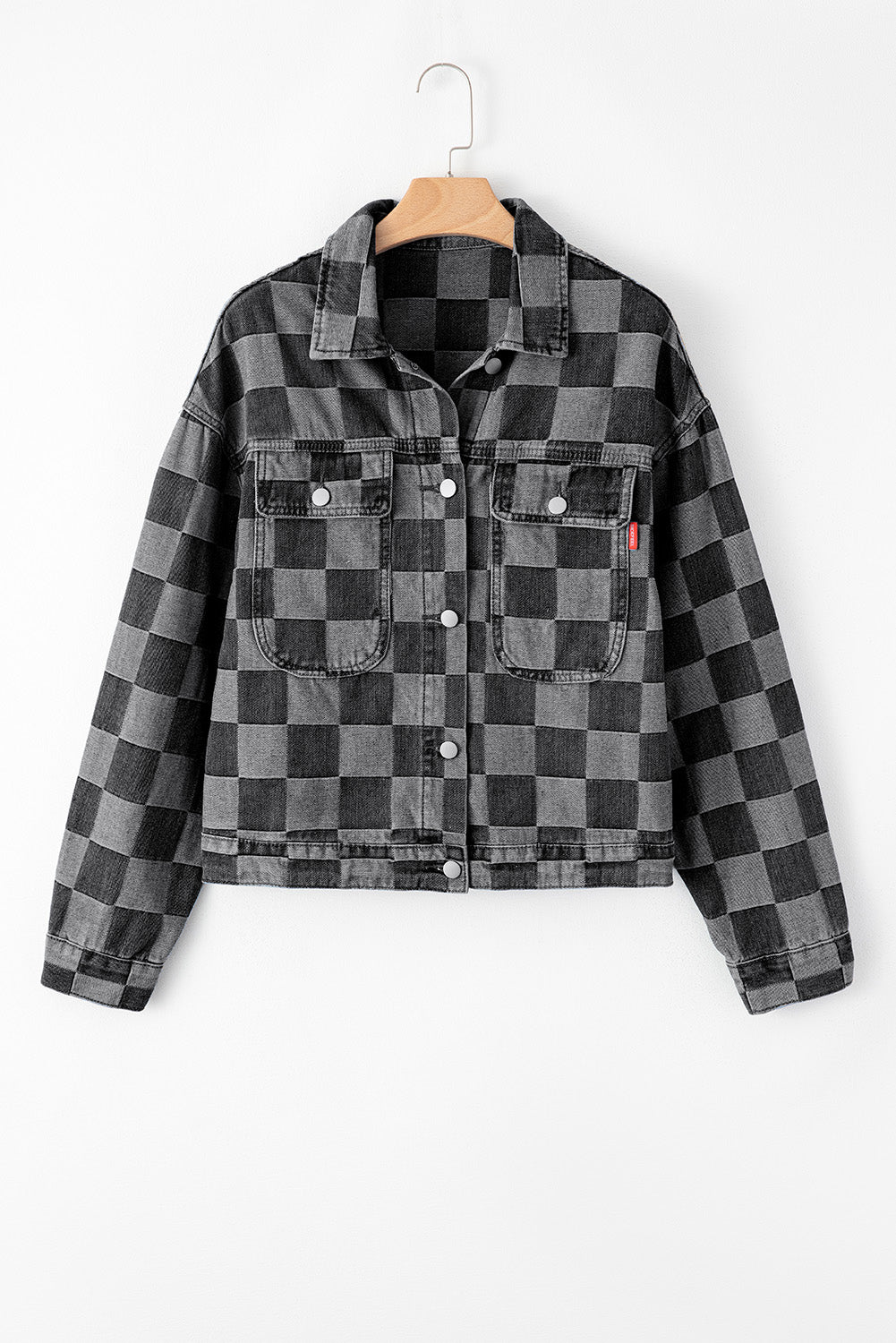 Black Checkered Patchwork Button Up Denim Jacket