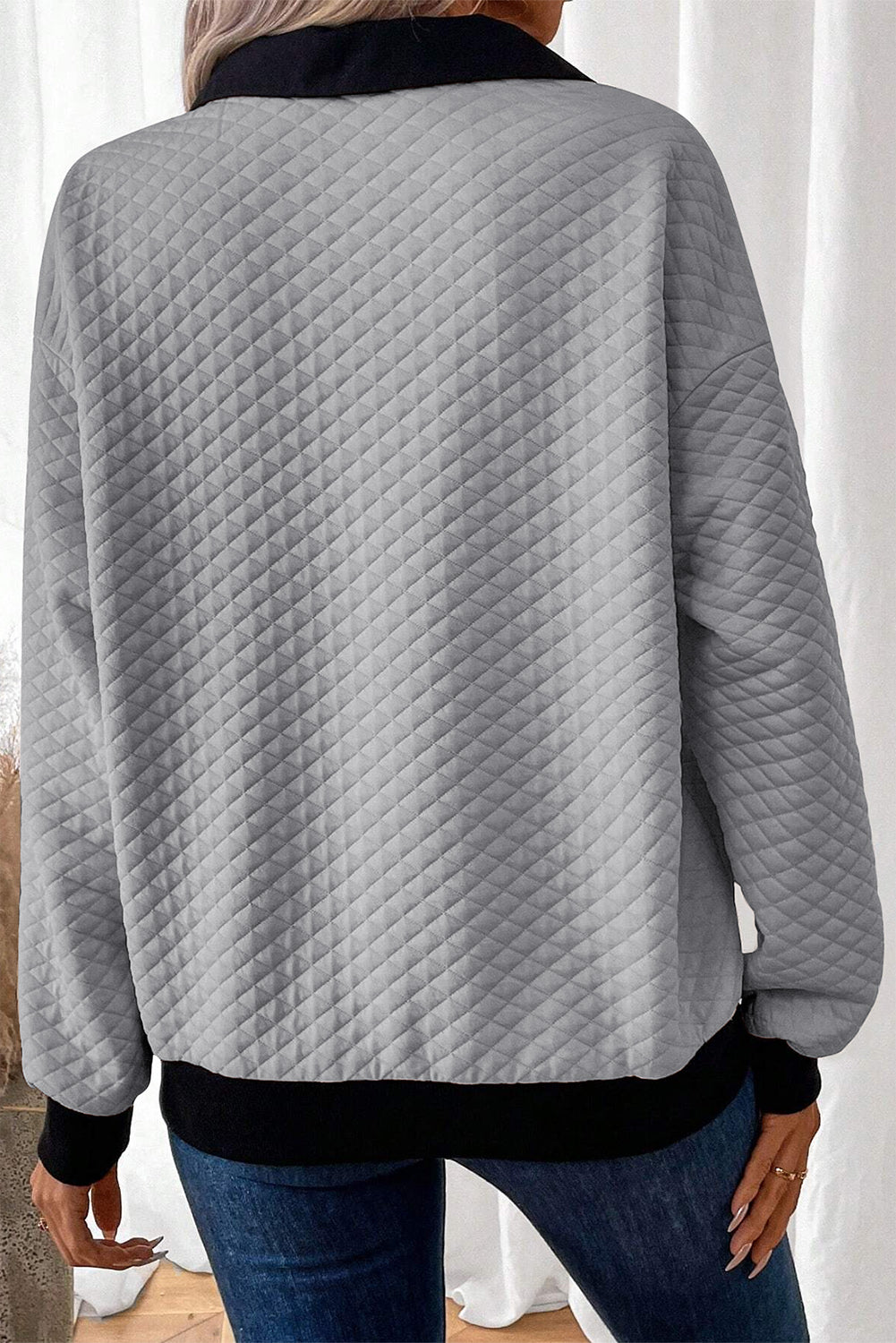 Light Grey Texture Patchwork Button Collared Sweatshirt