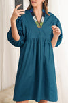 Blue Sapphire Puff Sleeve Pleated Pop of Color Neckline Dress