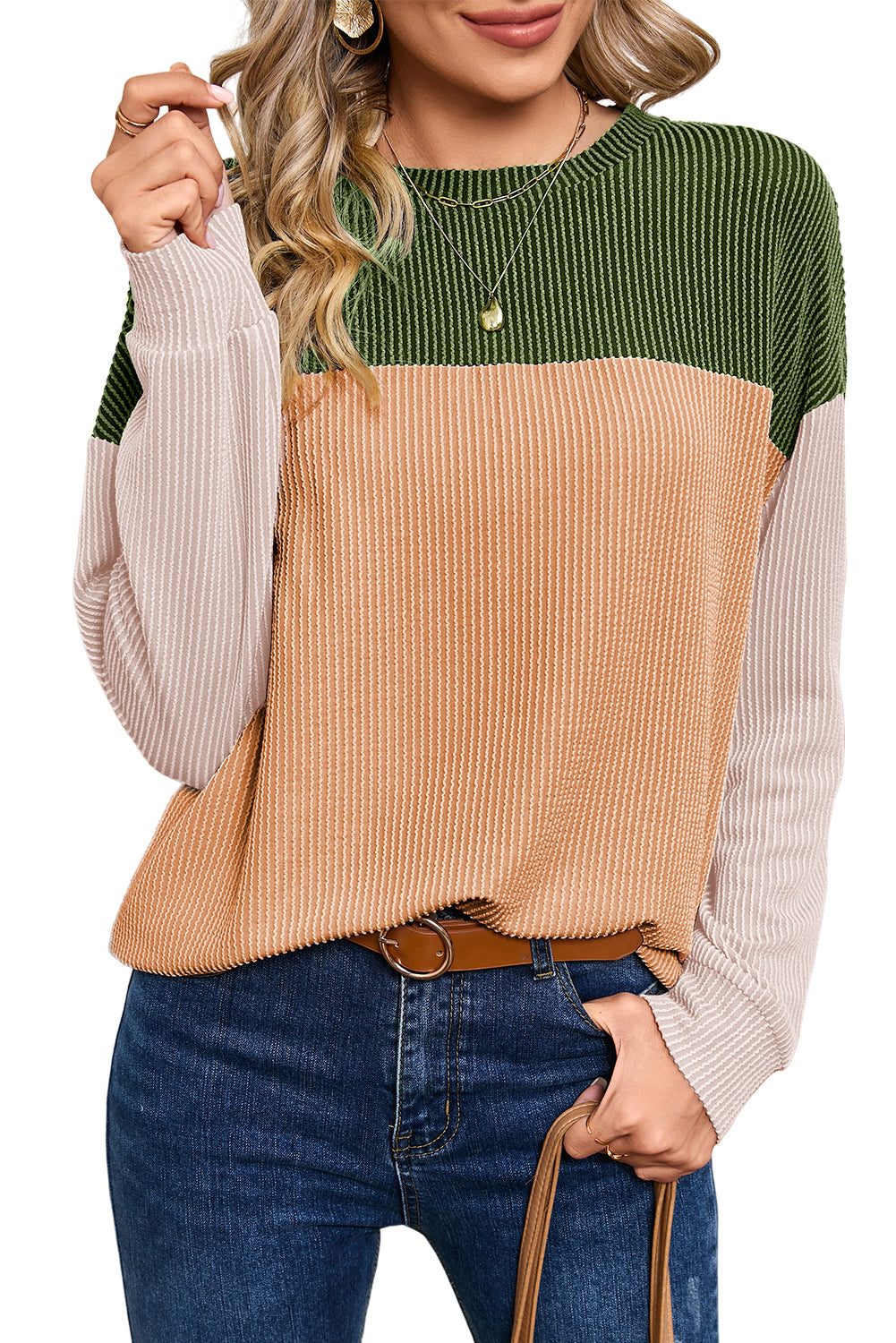 Red Color Block Ribbed Loose Long Sleeve Top