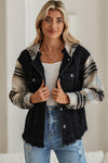 Black Patchwork Plaid Sleeve Frayed Hem Hooded Denim Jacket