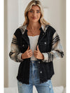 Black Patchwork Plaid Sleeve Frayed Hem Hooded Denim Jacket