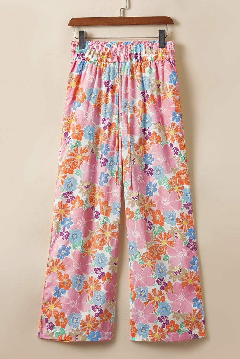 Pink Floral Smocked Elastic Waist Loose Pants