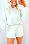 Light Grey Bow Embroidery Long Sleeve Pullover and High Waist Shorts Set