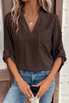 Brown Stripe V Neck Pocket Roll Up Sleeve Shirt