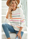 Black Colorful Striped Ribbed Trim Round Neck Sweater