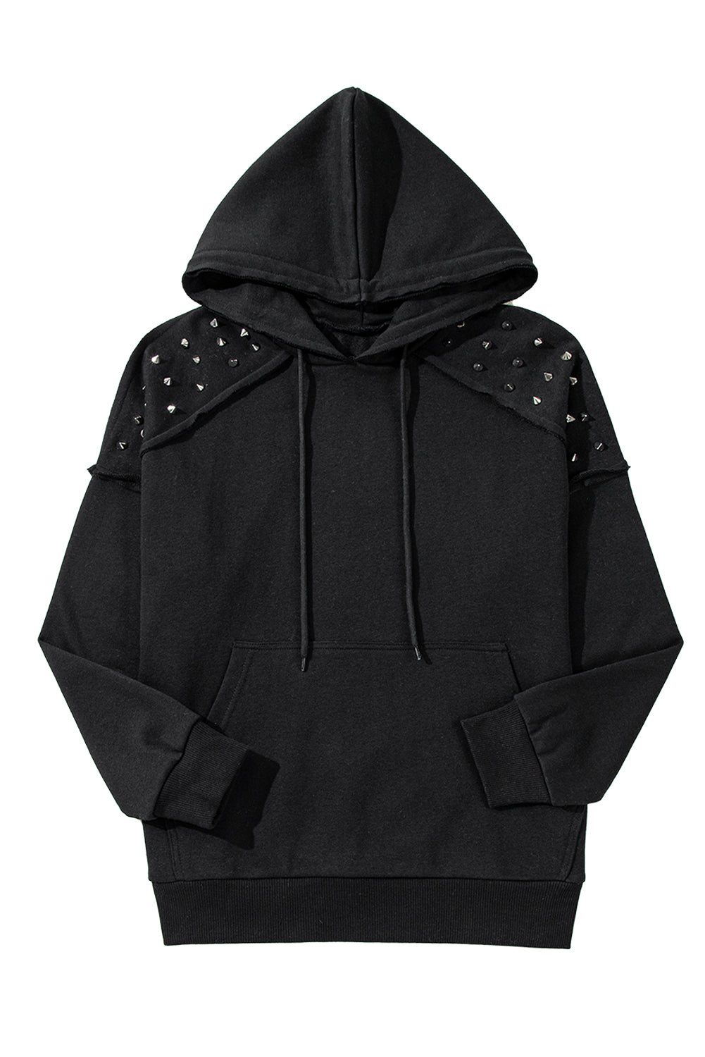 Black Stud Detail Kangaroo Pocket Drawstring Hoodie