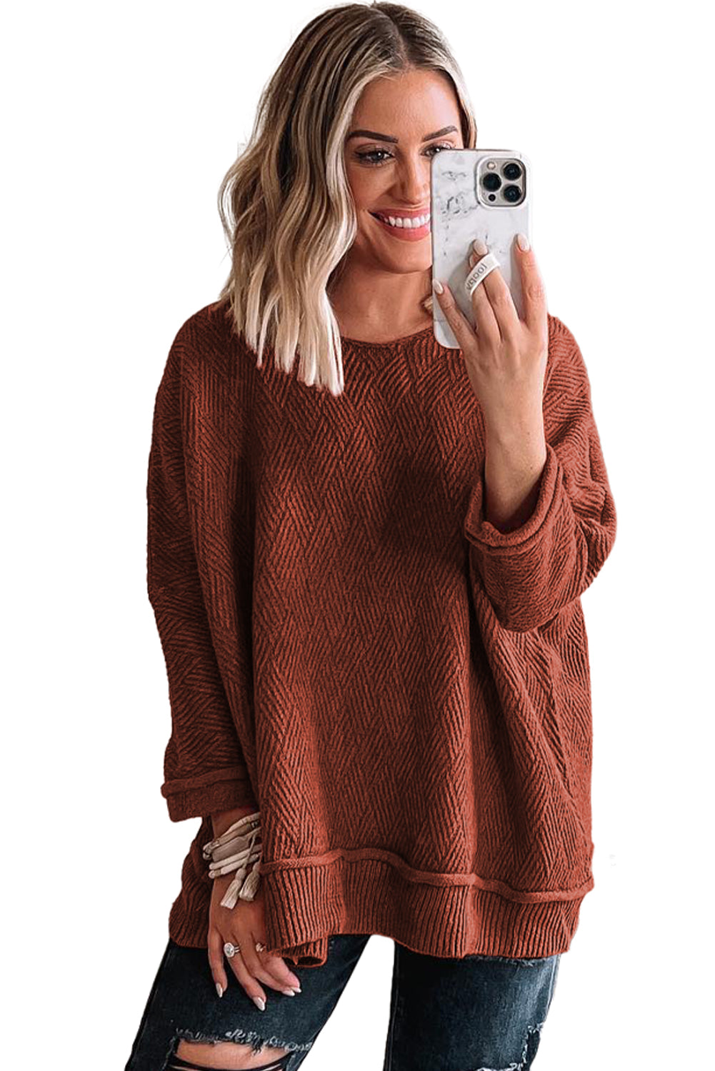 Gold Flame Loose Round Neck Textured Sweater