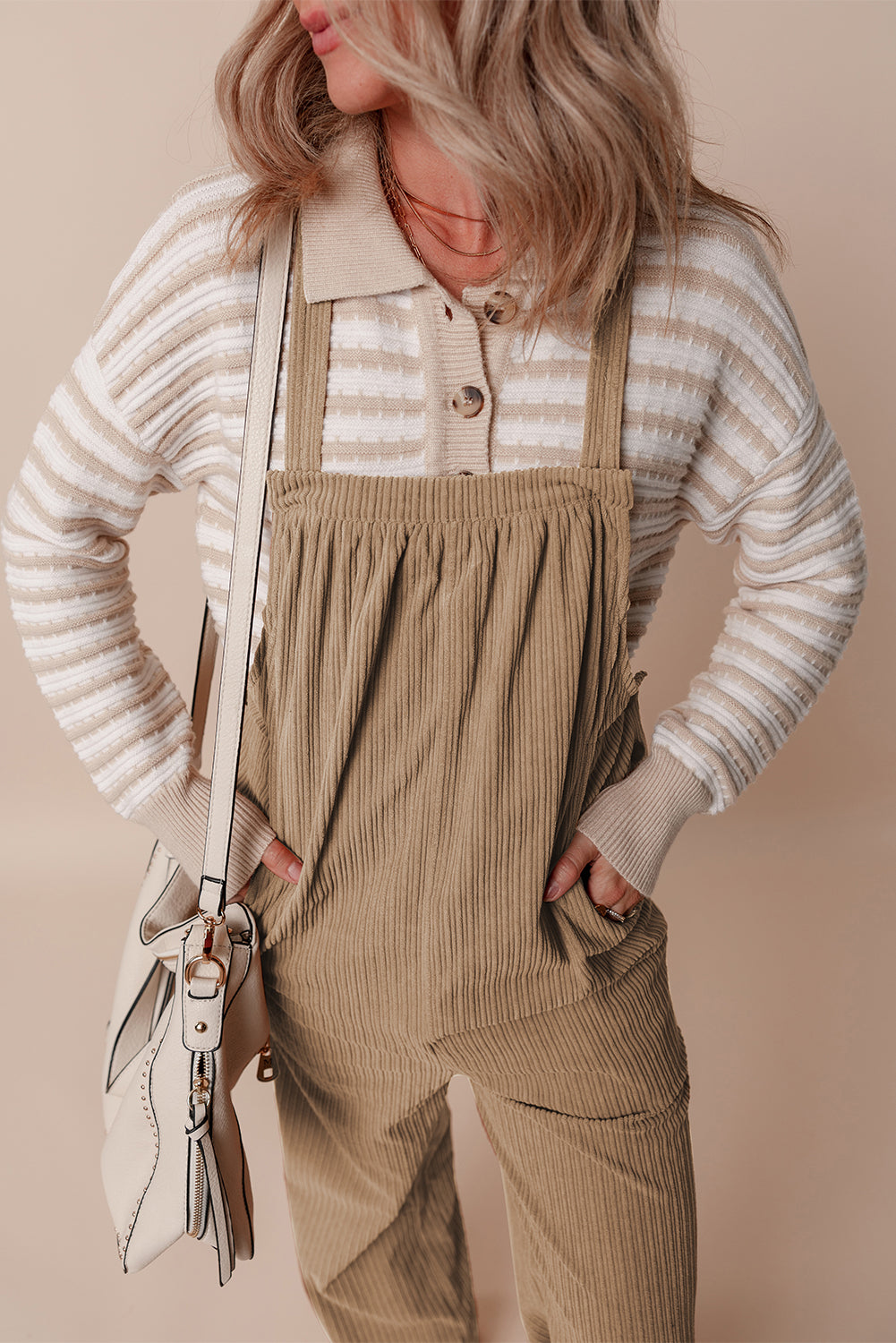 Gray Morn Plain Pocketed Loose Fit Corduroy Overalls