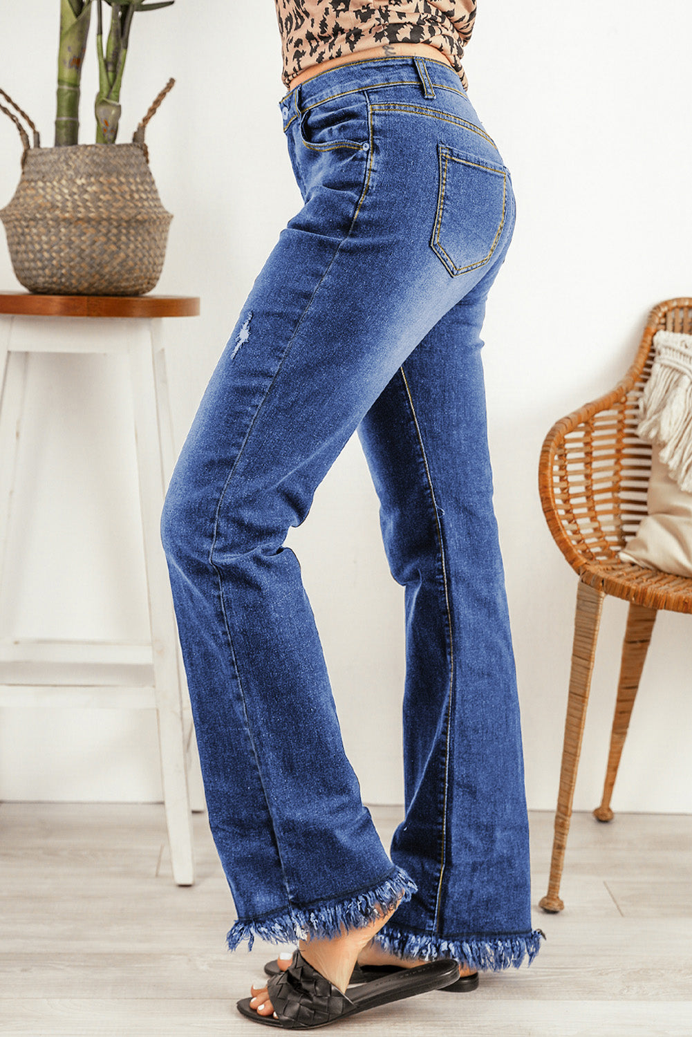 Sky Blue Raw Hem High Waist Straight Leg Jeans