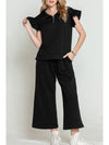 Black Textured Ruffle Cap Sleeve Top and Wide Leg Pants Set