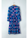 Blue Floral Peasant Sleeve Tiered Ruffle Midi Dress