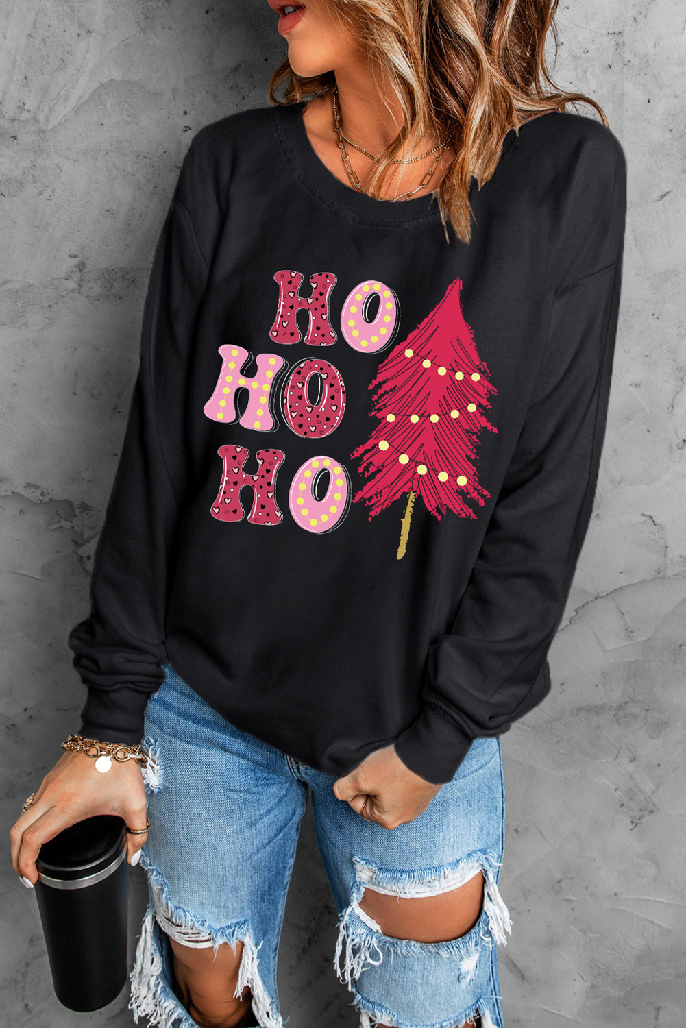 Black HO HO HO Christmas Tree Graphic Pullover Sweatshirt