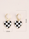 Black Checkered Heart Shape Hoop Dangle Earrings