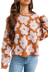 Brown 60s Flower Print Raw Edge Long Sleeve Loose Sweater